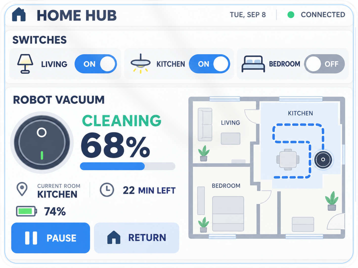 Home Hub app concept with light switches and a robot vacuum dashboard
