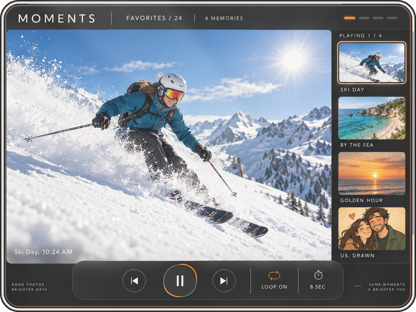 Photo album app concept with a large ski photograph and a filmstrip of memories