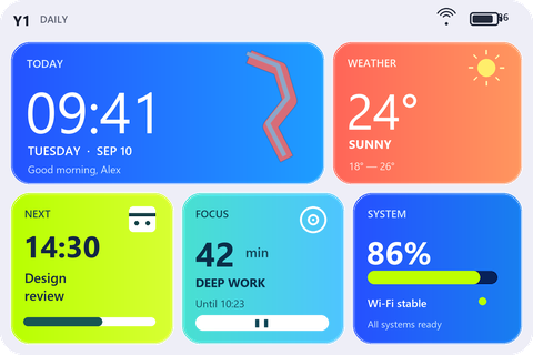 Morning Board app concept with time, weather, next appointment and focus timer