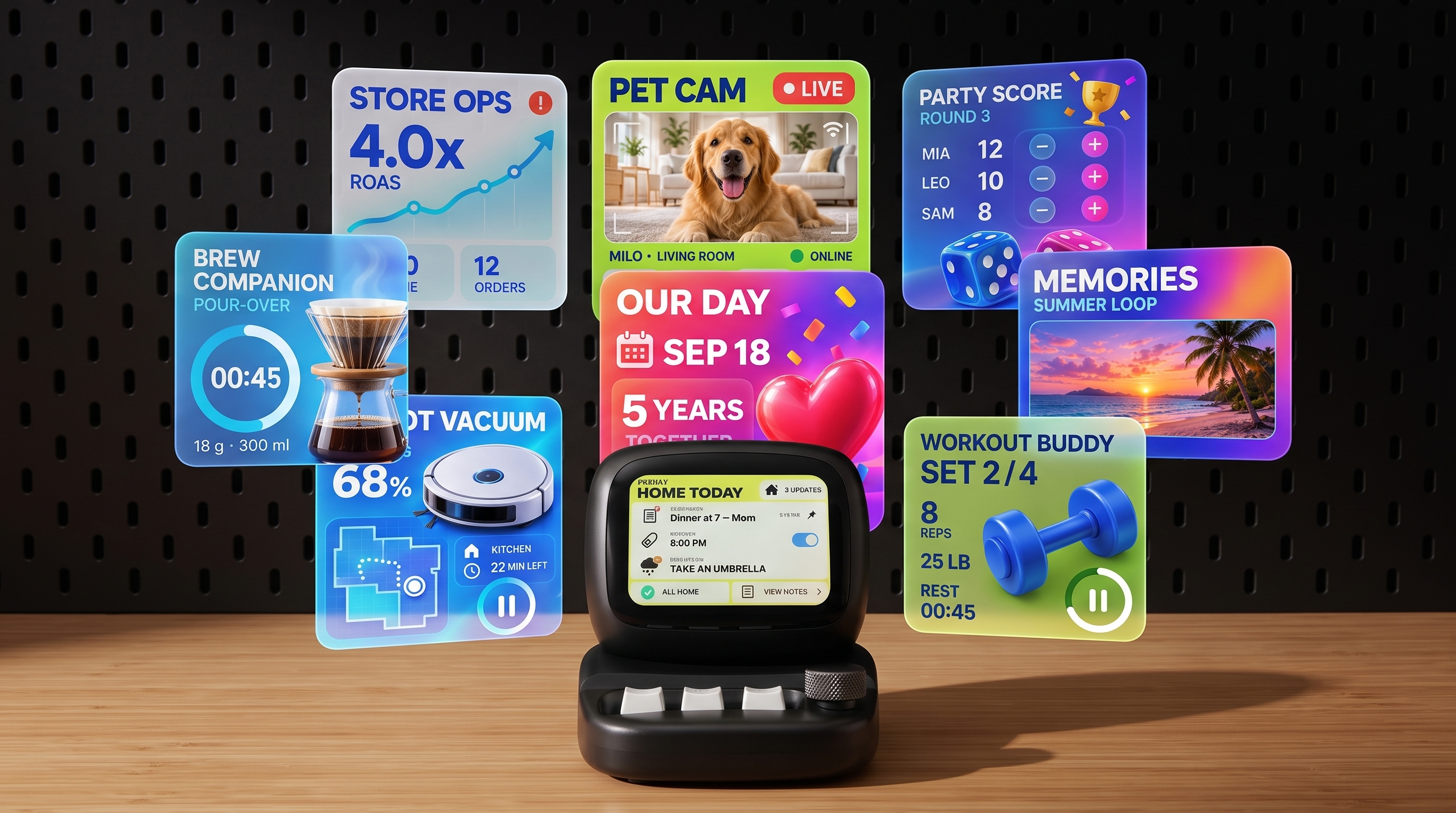 Y1 surrounded by ideas for custom coffee, fitness, pet, home, memories, store and game apps